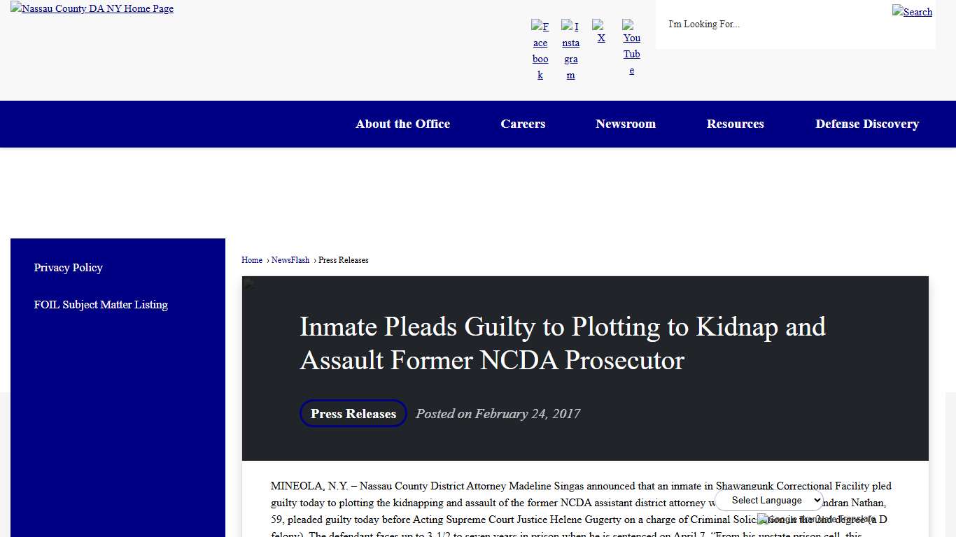Inmate Pleads Guilty to Plotting to Kidnap and Assault Former NCDA Prosecutor • Nassau County DA,NY